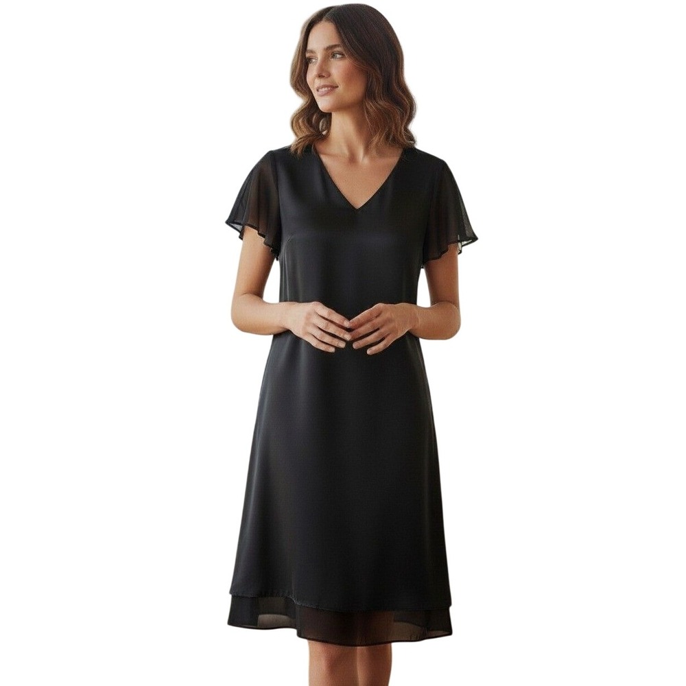 Jones New York Dress Black Silk Trim V-Neck Short Sleeve Shift Dress Sz 8